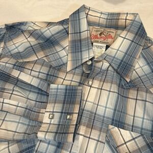 Vtg Wrangler Western Wear American Cowboy Blue Plaid Pearl Snap Shirt Mens Sz XL
